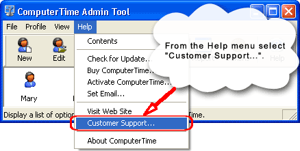 Customer Support dialog