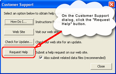 If you need to request help, this is the button to press.  If it is just a question, you can uncheck the box that says "Also submit related data files", but if you are having trouble with some function of the software that you think is not working as it should, it is best to leave that checked.