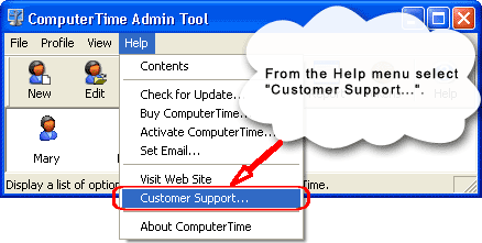 The Customer Support... menu is in the ComputerTime Admin application. You can find it on the Help menu. Don't confuse this with the Question Mark icon on the toolbar. The icon will just bring up the local help file.